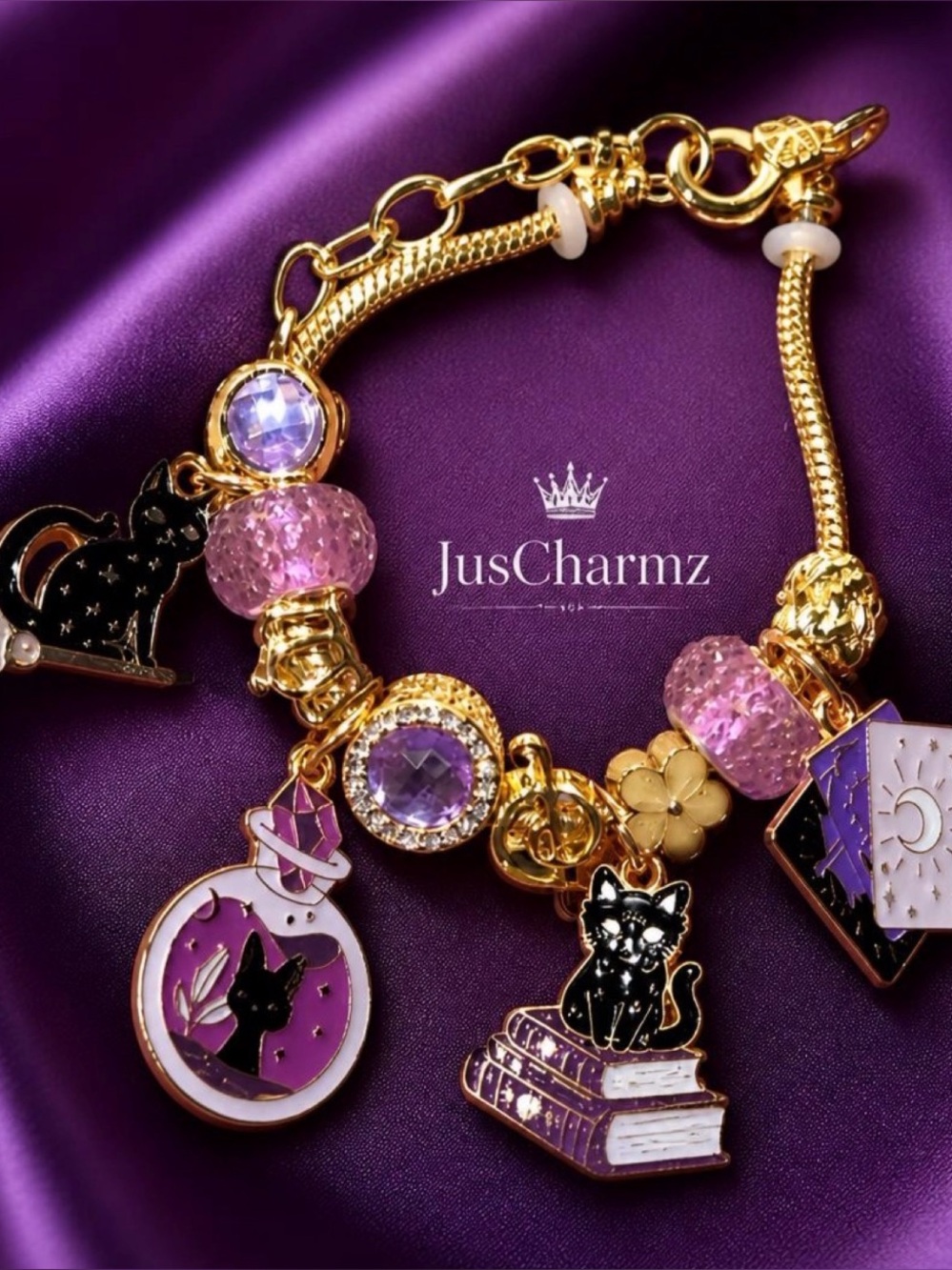 Gold & Purple Cat Charm Bracelet